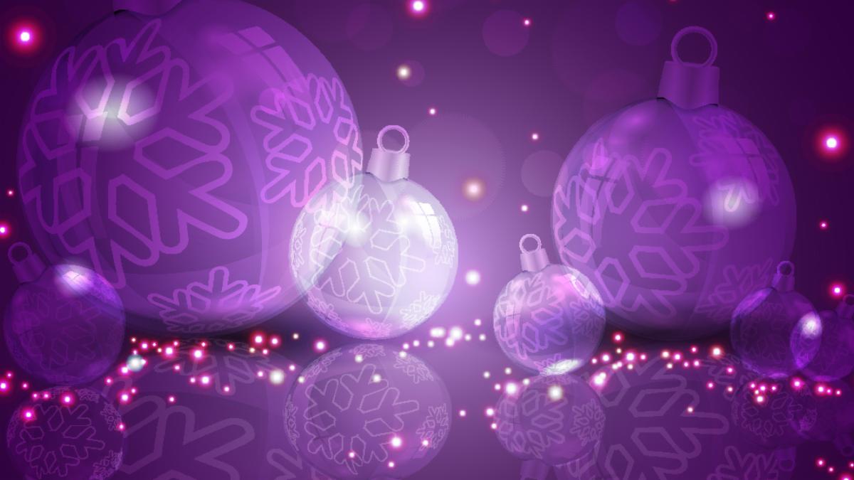 Purple graphic with Christmas baubles and sparkles